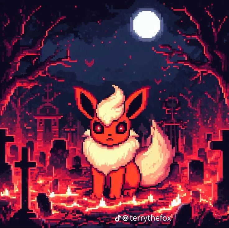 a pixel art painting of a red fox sitting in the middle of a cemetery at night