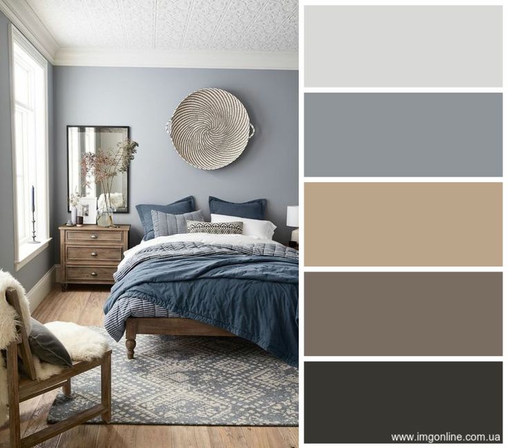 a bedroom with gray walls and blue bedding in the center, along with a white rug on the floor