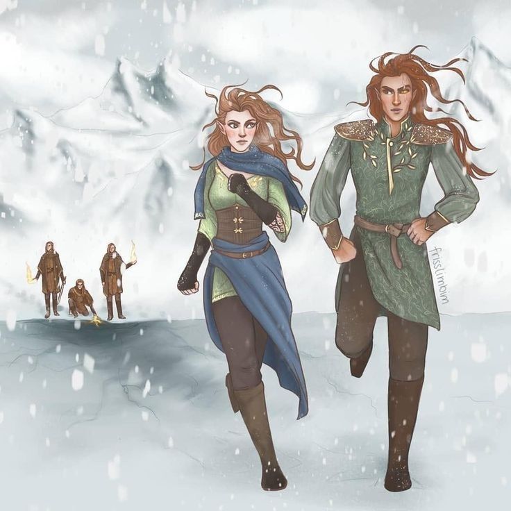 two women dressed in medieval clothing are walking through the snow