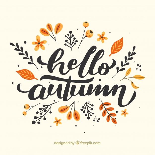 an orange and black lettering that says hello autumn with leaves, flowers, and berries