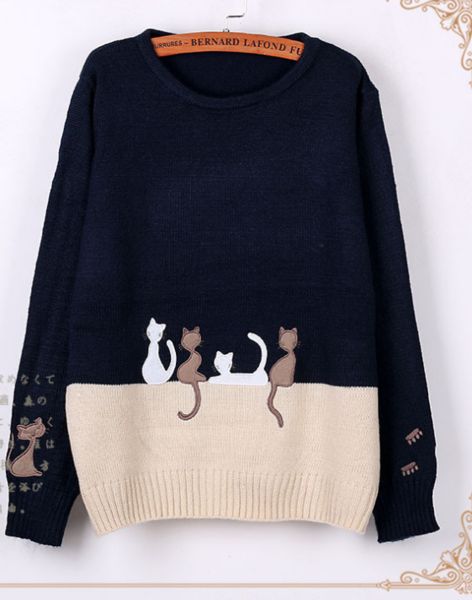 Round neck long sleeve sweater Patchwork Sweater, Cat Cross Stitch Pattern, Cozy Knit Sweater, Women Wholesale, Knitting Women Sweater, Cartoon Cat, Trendy Colors, Winter Collection, Diy Clothes