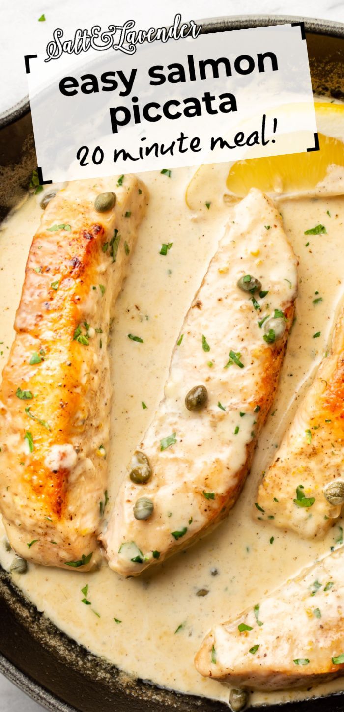 a skillet with four pieces of salmon and text overlay that reads easy salmon piccata - 20 minute meal! Lemon Caper Cream Sauce, Lemon Sauce For Fish, Salmon Piccata Recipe, Caper Cream Sauce, Salmon Sauce Recipes, Salmon With Cream Sauce, Salmon Sauce, Salmon Piccata, Easy Salmon Recipe