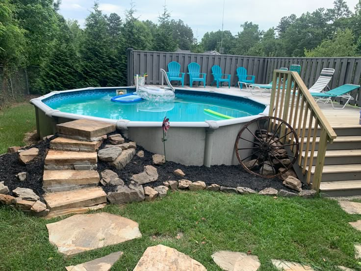 an above ground pool with steps leading up to it