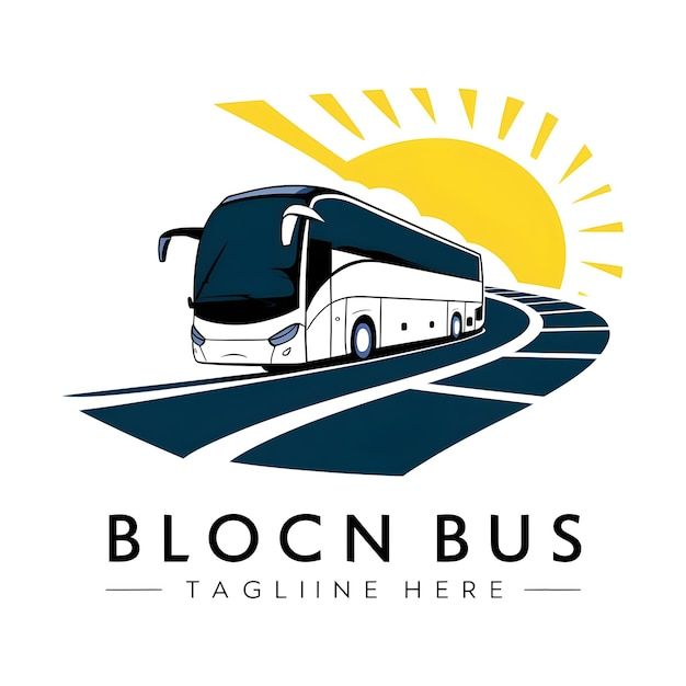 a bus is driving down the road with sun in the background and text that reads, bloc n bus tagline here