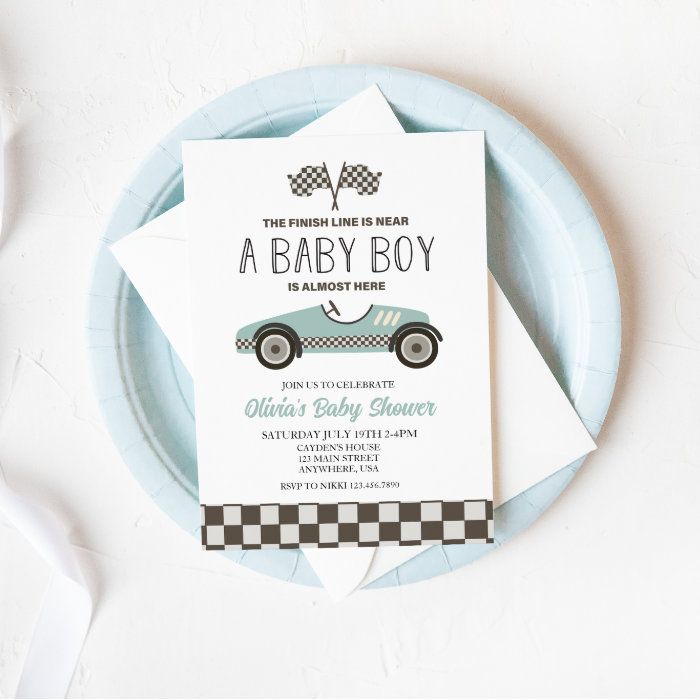 blue Race Car Baby Shower Invitation - Baby Shower Invitations Vintage Race Car Birthday, Blue Race Car, Racing Baby, Racing Boy, Baby Shower Party Invitations, Cars Birthday Invitations, Blue Baby Shower Invitations, Vintage Baby Boys, Cars Party