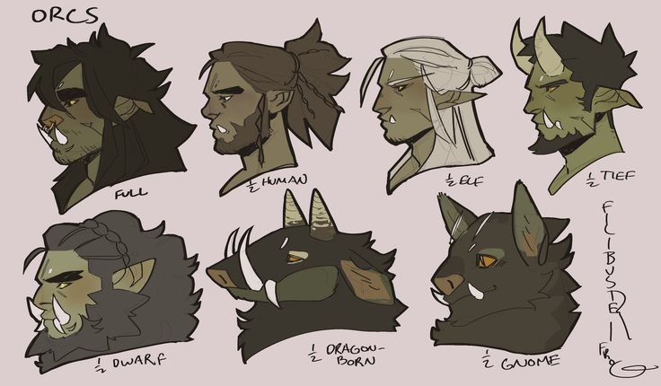 some drawings of different types of people with hair and beards, one is wearing an animal