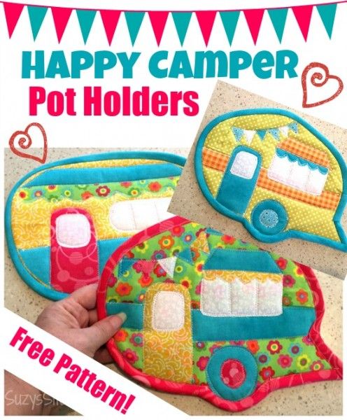 the happy camper pot holders are made with appliques