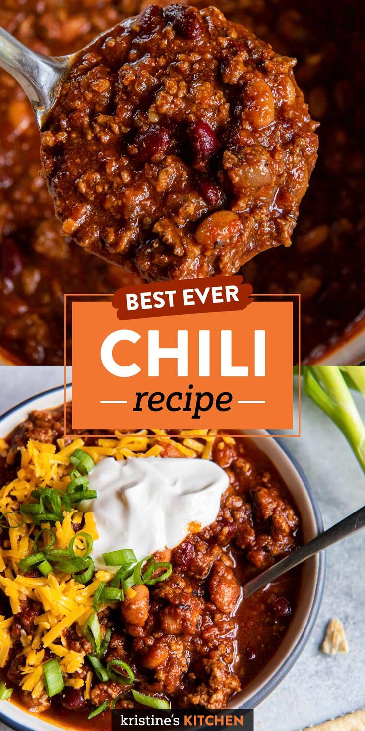 The Best Ever Chili Recipe, made with ground beef, beans and the perfect mix of chili spices. This homemade chili is thick, hearty and richly flavored. Add your favorite toppings and enjoy! Best Ever Chili, Ultimate Chili Recipe, Classic Chili Recipe, Homemade Chili Recipe, Chilli Recipe, Beef Chili Recipe, Recipe Crockpot, Best Chili Recipe, Chili Recipe Crockpot