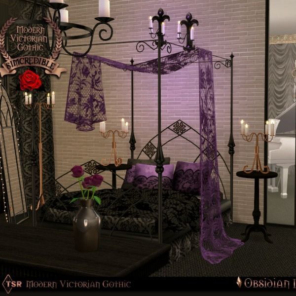 a gothic bedroom with purple and black decor