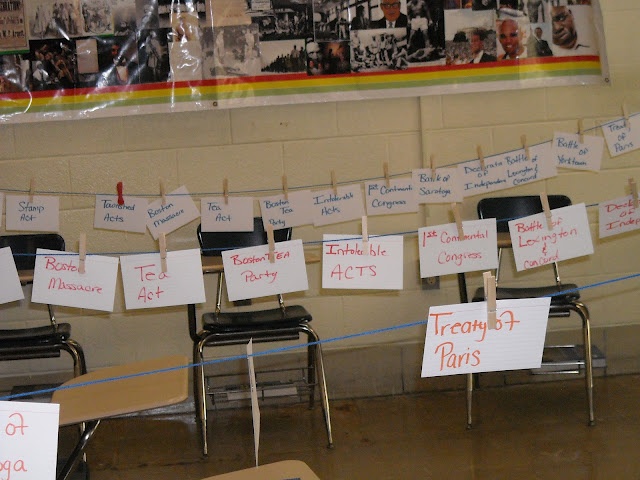 there are many signs on the wall in front of school desks with writing on them