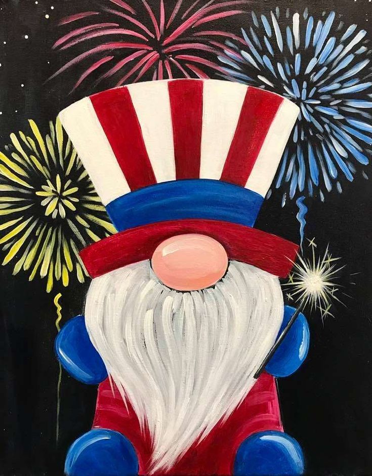 an acrylic painting of a patriotic santa clause with fireworks in the sky behind him