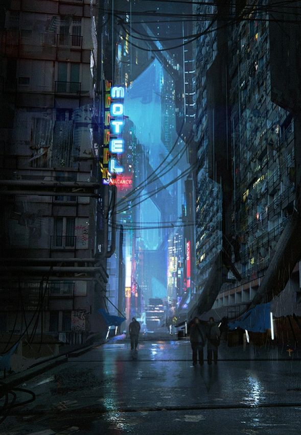 people are walking down an alley in the city at night with neon lights on buildings