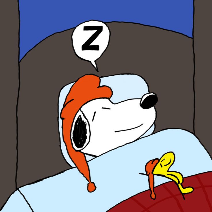 a cartoon dog sleeping in bed with the letter z above his head and an orange hat on its head