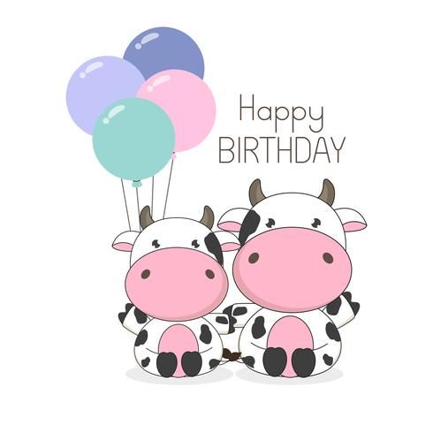 two cute cows with balloons on a white background for happy birthday card or banner design