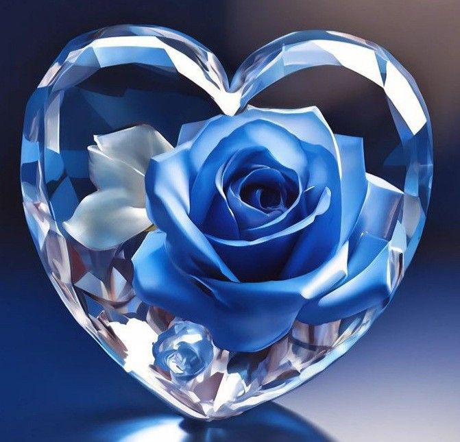 a crystal heart with a blue rose in it