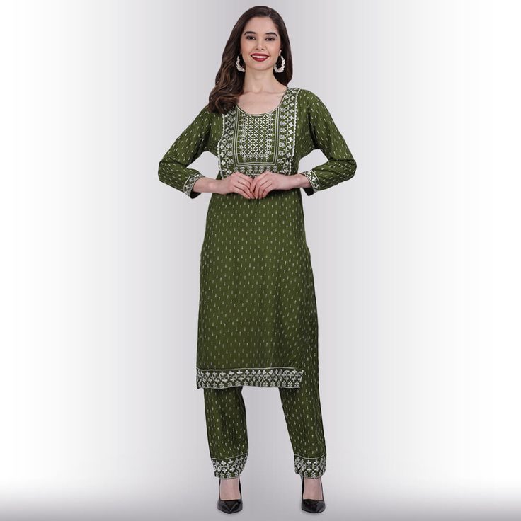 Make a statement and stand out from the crowd with this gorgeous Indian Pant Suit With Resham Embroidery. This beautiful ensemble is crafted from soft Rayon fabric that feels like sheer silk, and is adorned with delicate, elegant Resham embroidery. Perfect for temple visits as well as for friends home visits, this pant suit is sure to make you look and feel truly special. The vivid colors of the embroidery will bring out your best features, while the stylish cut of the suit will keep all eyes on Designer Embroidered Green Pant Set, Designer Green Embroidered Pant Set, Embroidered Georgette Pant Set, Festive Green Pant Set With Floral Embroidery, Traditional Green Pant Set With Floral Embroidery, Elegant Green Set With Embroidered Border, Elegant Green Sets With Embroidered Border, Traditional Green Pant Set With Resham Embroidery, Traditional Pant Set With Intricate Embroidery For Designer Wear