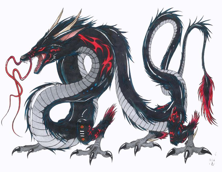 a black and red dragon sitting on top of a white surface