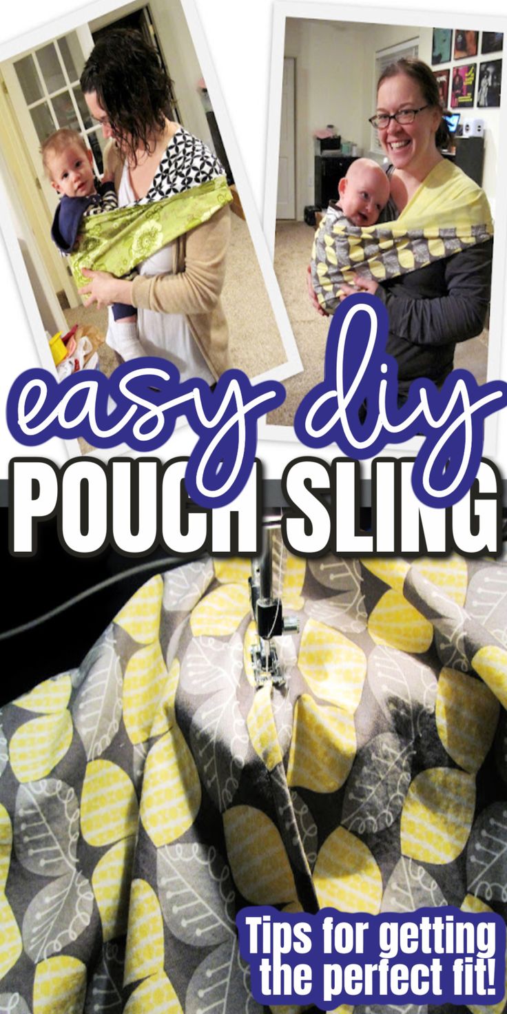 an advertisement for easy diy pouch slings with two pictures of the baby in it