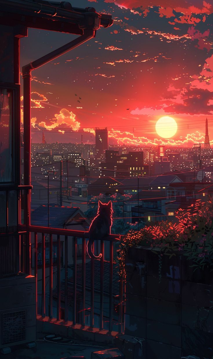 a cat sitting on top of a balcony next to the city at sunset or dawn