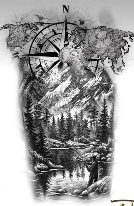 a black and white drawing of a mountain with a compass tattoo on it's back