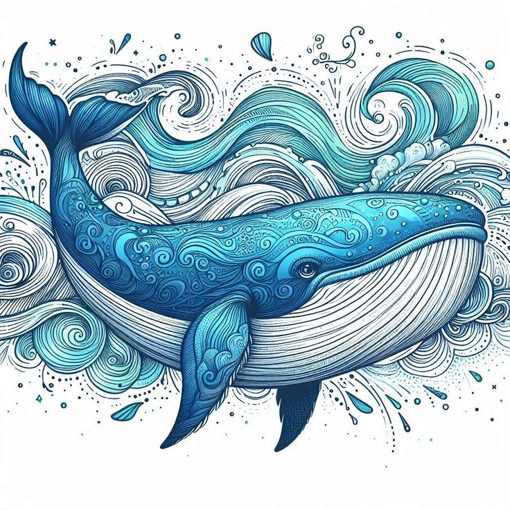 a drawing of a blue whale with swirls and bubbles on it's back