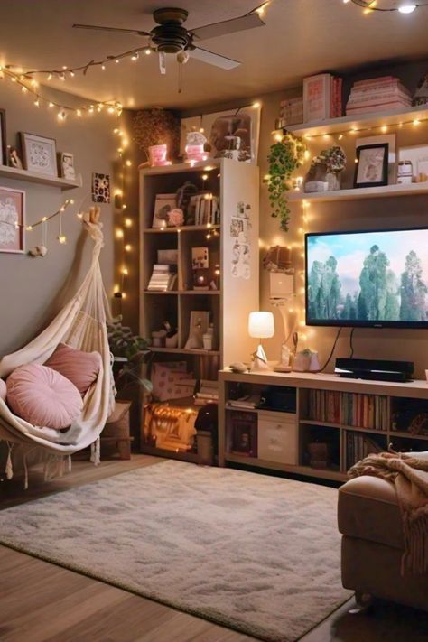 a living room with a hammock hanging from the ceiling next to a tv