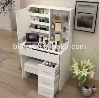 a white desk with drawers and shelves on it