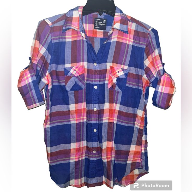 Multi Colored Plaid Light Weight Shirt. Material Is Very Light And Perfect For Spring And Summer. Sleeves Can Be Unrolled By Unbuttoning. Very Bright Colors. New With Tags Casual Pink Blouse, Plaid Shirt, Women's Plaid Shirt, Multi Colored, Bright Colors, Pink Blue, American Eagle Outfitters, American Eagle, Colorful Shirts