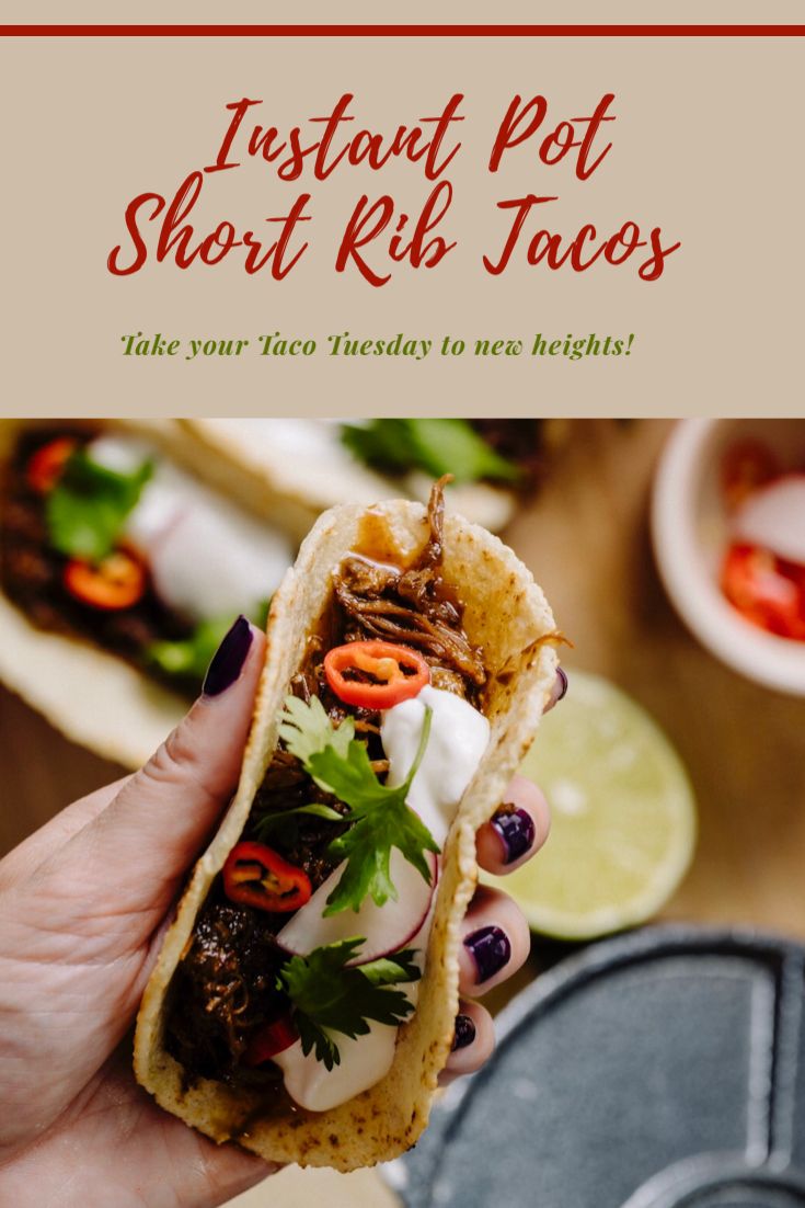 a person holding a taco in their hand with the text instant pot short rib tacos