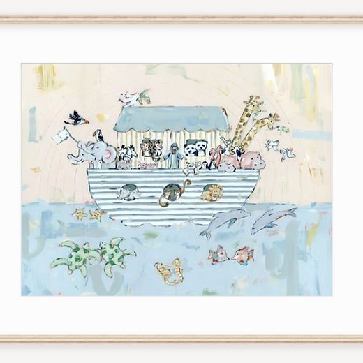 a painting with animals in a boat floating on the water and birds flying around it