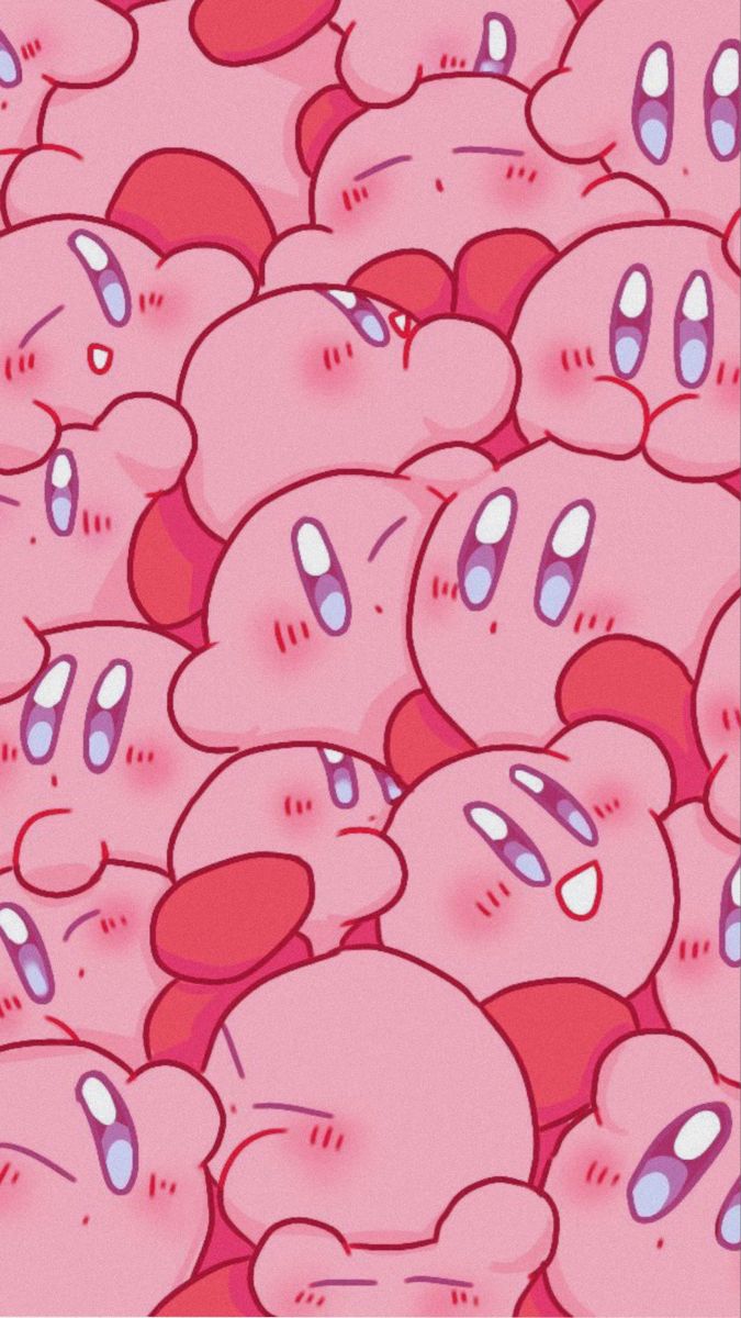 a bunch of pink cartoon heads with eyes and mouths, all surrounded by smaller ones