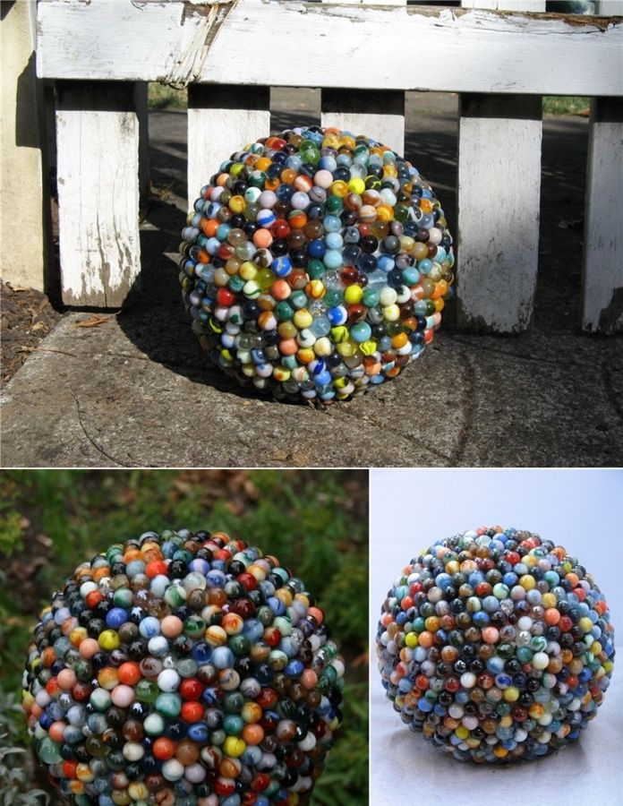 there are many different pictures of balls on the ground and in front of a bench