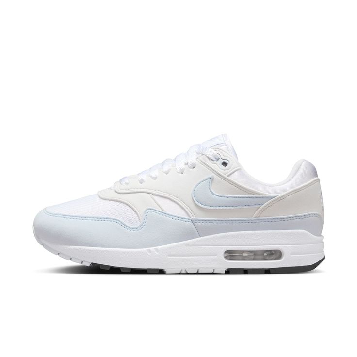 Meet the leader of the pack. Walking on clouds above the noise, the Air Max 1 blends timeless design with cushioned comfort. Sporting a fast-paced look, wavy mudguard and Nike Air, this classic icon hit the scene in ‘87 and continues to be the soul of the franchise today.Mixed materials add durability that's made for everyday wear and city life.Originally designed for performance running, the visible Max Air unit provides all-day cushioning.Padded, low-cut collar looks sleek and feels comfortabl Summit White Sneakers With Air Cushioning For Sports, White High-top Functional Running Shoes, Functional White High-top Running Shoes, White Functional High-top Running Shoes, White Functional Running Shoes With Round Toe, White Cushioned Running Shoes For Streetwear, White Lace-up Running Shoes With Air Cushioning, Dynamic White Running Shoes With Round Toe, White Dynamic Running Shoes With Cushioned Footbed