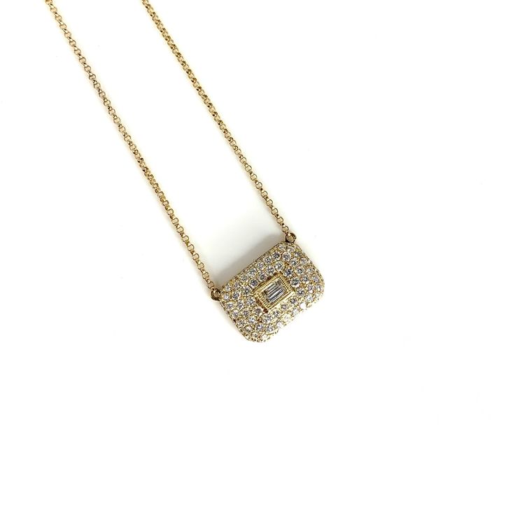 14K Yellow Gold 80 Round Brilliant Diamonds = 1.03ctw., G-H/SI1-2 2 Baguette Diamonds = 0.16ct., G-H/VS2-SI1 The pendant measures 15mm wide x 10mm tall. Length = 18" Luxury Rectangular Diamond Cut Necklace, Luxury Necklace With Brilliant Cut Rectangular Shape, Luxury Formal Diamond Necklace With Rectangular Pendant, Luxury Diamond Necklace With Rectangular Pendant For Formal Occasions, Luxury Diamond Necklace With Rectangular Pendant For Formal Events, Luxury Brilliant Cut Rectangular Necklace, Luxury Rectangular Brilliant Cut Necklace, Luxury Rectangular Diamond Necklace, Luxury Diamond Necklace With Rectangular Accents