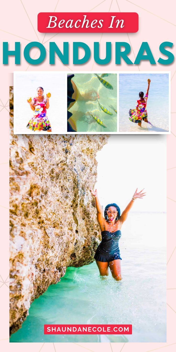 a woman standing on top of a rock next to the ocean with text reading beaches in honduras