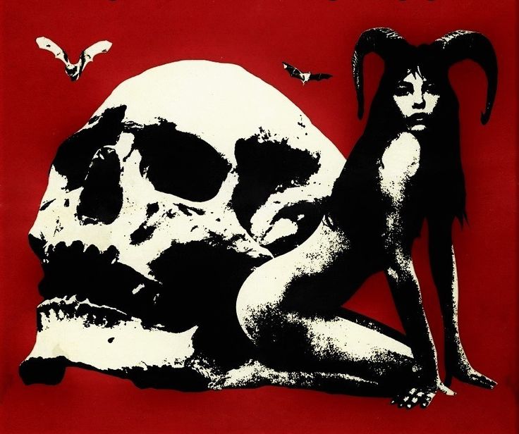 a woman sitting next to a skull on a red background with birds flying around her