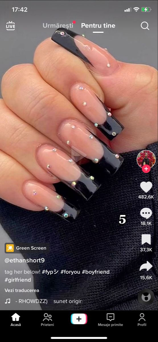 Black French With Diamonds, Black And Diamond Nails, Black French Tips With Rhinestones, Black French Tip Nails With Rhinestones, French Nails With Diamonds, Black Diamond Nails, Mexico Nails, Black French Nails, Black French Tip