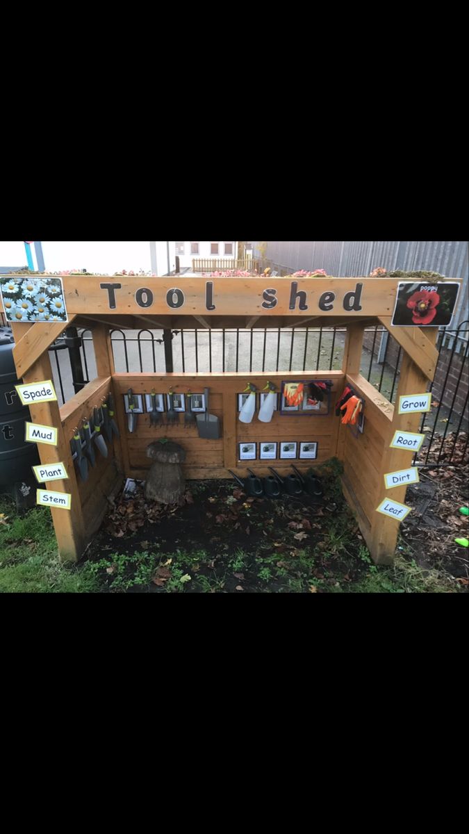 an outdoor tool shed with lots of tools in it