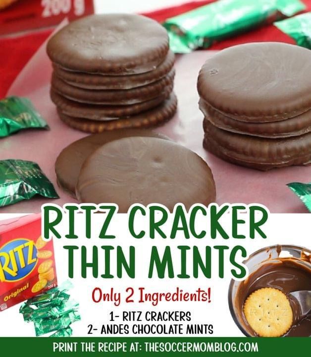 chocolate covered cookies are sitting on a table with wrappers around them and the words, ritz cracker thin mints only 2 ingredients