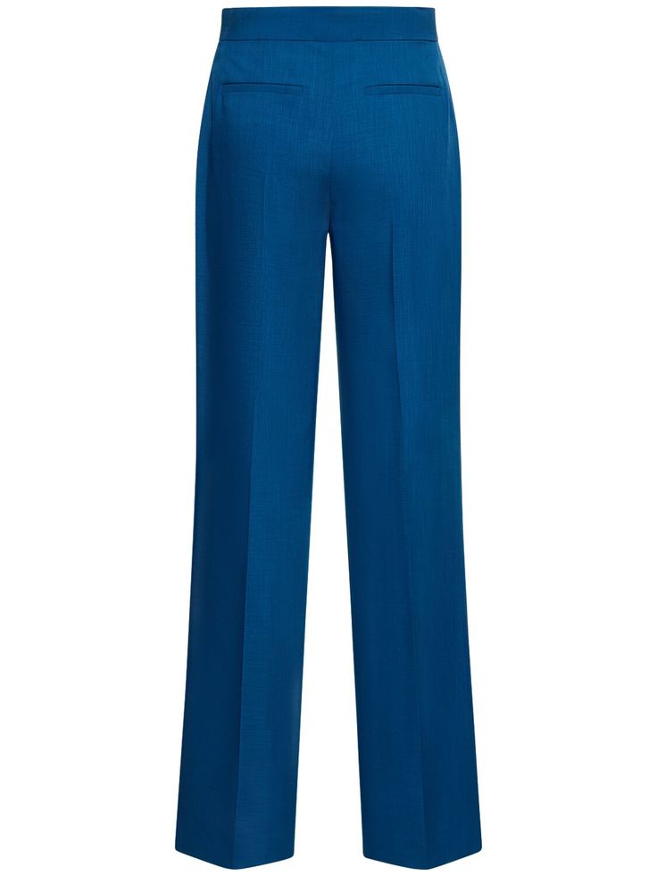 Concealed front button and zip closure. Two side pockets. Model is wearing a size0 Classic High-waisted Pants With Concealed Fastening, Formal Wide Leg Pants With Concealed Fastening, Formal Wide Leg Bottoms With Concealed Front Fastening, Straight Leg Pants With Concealed Fastening For Work, Office Straight Pants With Concealed Front Fastening, Wide Leg Pants With Concealed Front For Work, Formal Pants With Concealed Front Fastening, Formal Straight Pants With Concealed Front Fastening, Chic Full-length Pants With Hip Pockets