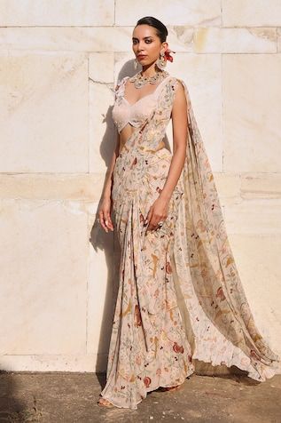 Blush pink pre-draped saree with floral print all over. Paired with a glass bead and mirror embellished floral cutwork padded blouse. - Aza Fashions Pre Draped Saree, Saree Inspiration, Draped Saree, Indian Wedding Fashion, Simple Saree Designs, Floral Print Sarees, Designer Sarees Collection, Latest Designer Sarees, Simple Sarees