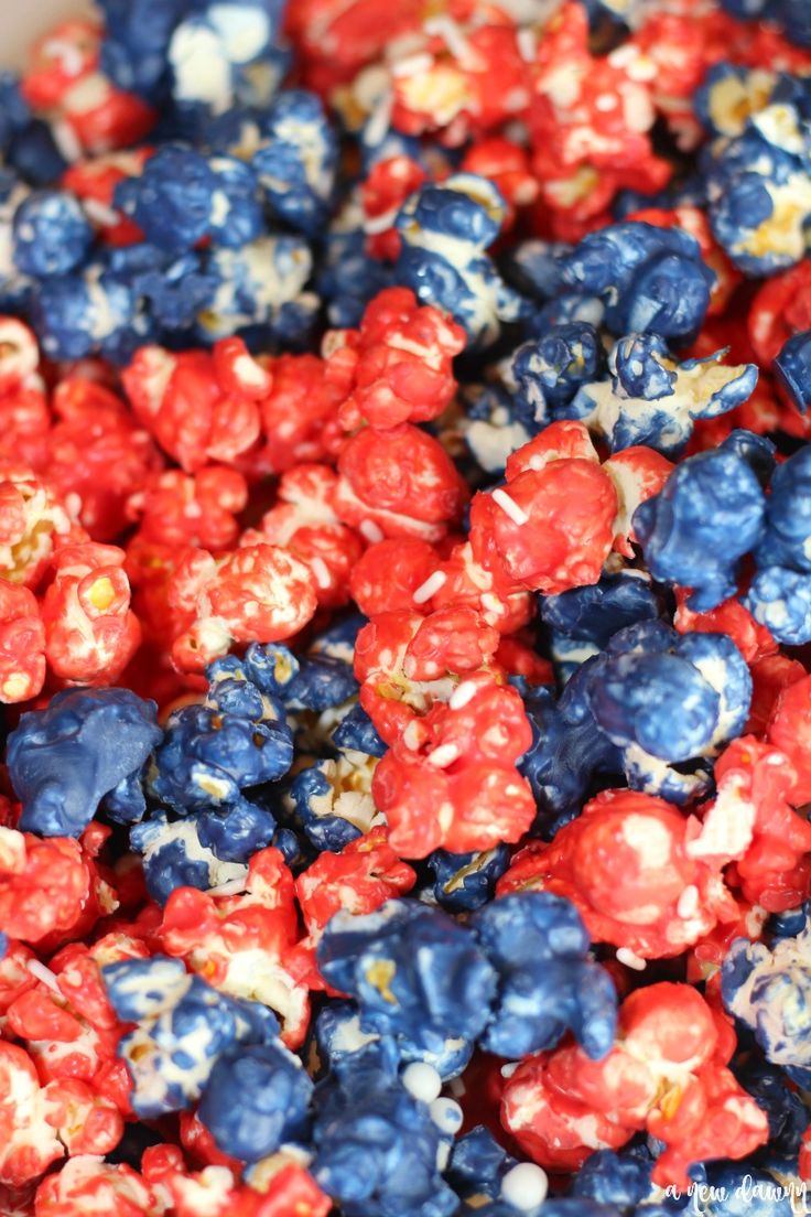 red, white and blue popcorn in a bowl