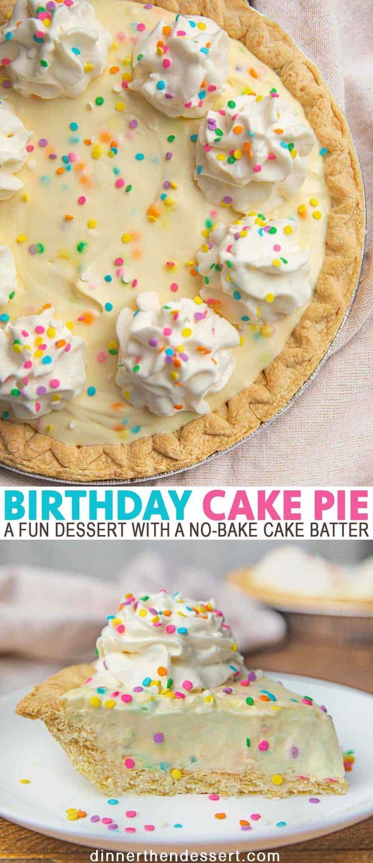 a birthday cake pie with white frosting and sprinkles