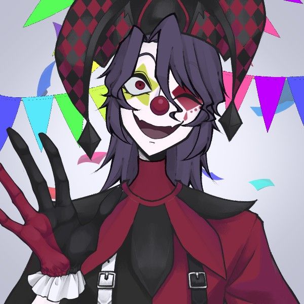 a drawing of a clown making the peace sign with her hand and wearing a hat