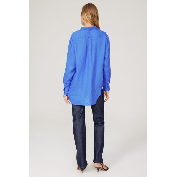 Blue linen (100% Linen). Top. Long sleeves. Collar. Front button closure. 32" from shoulder to hemline. Imported. Linen Blouse With Button Cuffs For Work, Blue Linen Tops For Fall, Blue Linen Shirt For Fall, Blue Linen Blouse For Spring, Casual Blue Linen Blouse, Blue Linen Tops For Workwear, Spring Blue Linen Blouse, Classic Blue Linen Tops, Chic Blue Linen Shirt