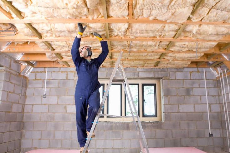 a man standing on a ladder in a room with unfinished walls and exposed ceilinging