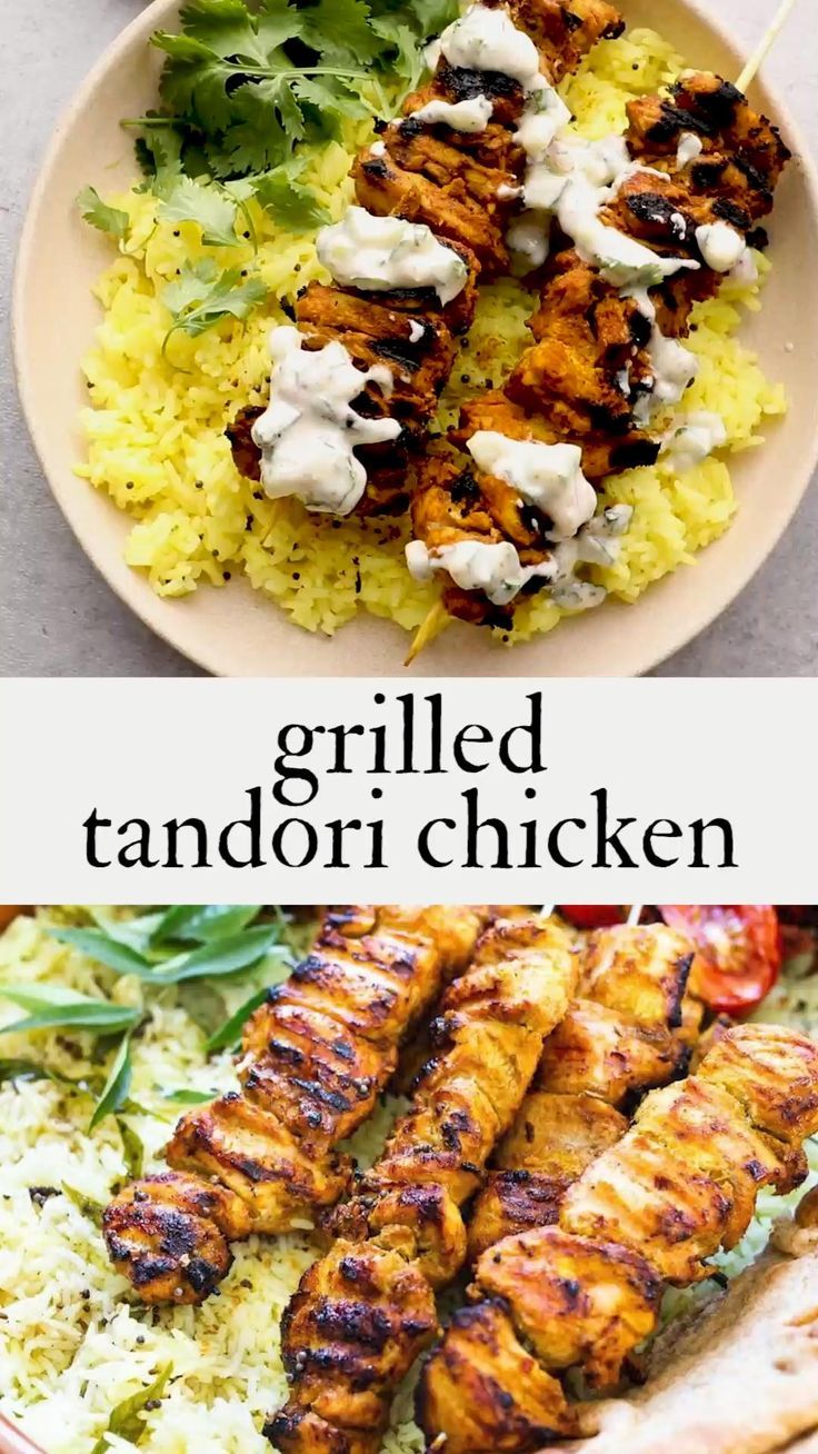 grilled tandoor chicken on skewers with rice and salad