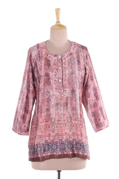 In hues of petal pink and linen intricate vines and floral motifs are printed onto this tunic from India. Shalabh designs this lovely tunic which features floral motifs around the button-up neckline that are hand-embroidered from cotton. Ear Cuff Jewelry, Cotton Handbag, Pink Tunic, Embroidered Tunic, Cotton Voile, Dress Pant, Sweater Blouse, Leggings Fashion, Elegant Dress