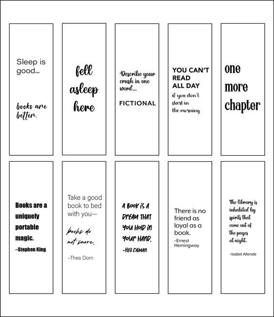 six bookmarks with different words and phrases in black and white, each one has an image