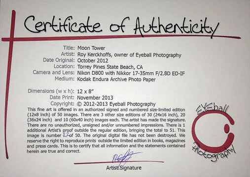 certificate of authenticity from the artist's studio for his work on photography and video